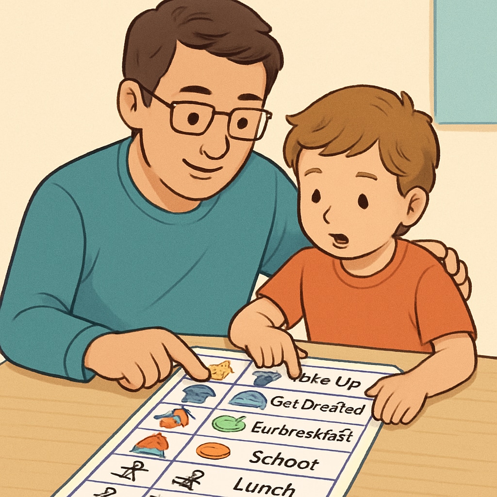 A parent and child using a visual schedule together, promoting organization and executive function development. Parent and child using a visual schedule to improve executive function.