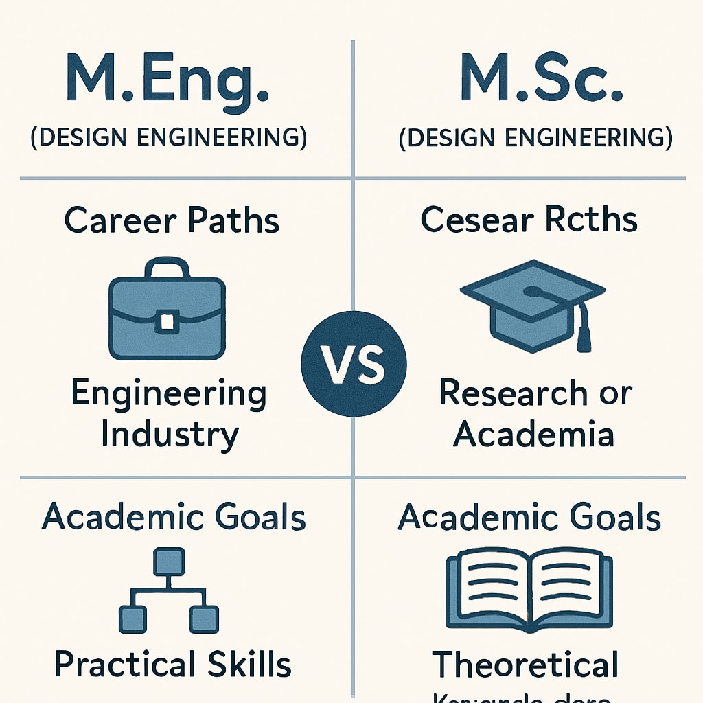 A comparison chart highlighting the differences between MEng and MSc degrees in design engineering, focusing on career paths and academic goals. Chart comparing MEng and MSc degrees for design engineering