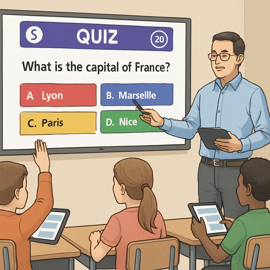 A teacher conducting an interactive quiz using REZoom on a digital whiteboard, showcasing the gamified learning experience. Teacher using REZoom for a gamified quiz activity with students.