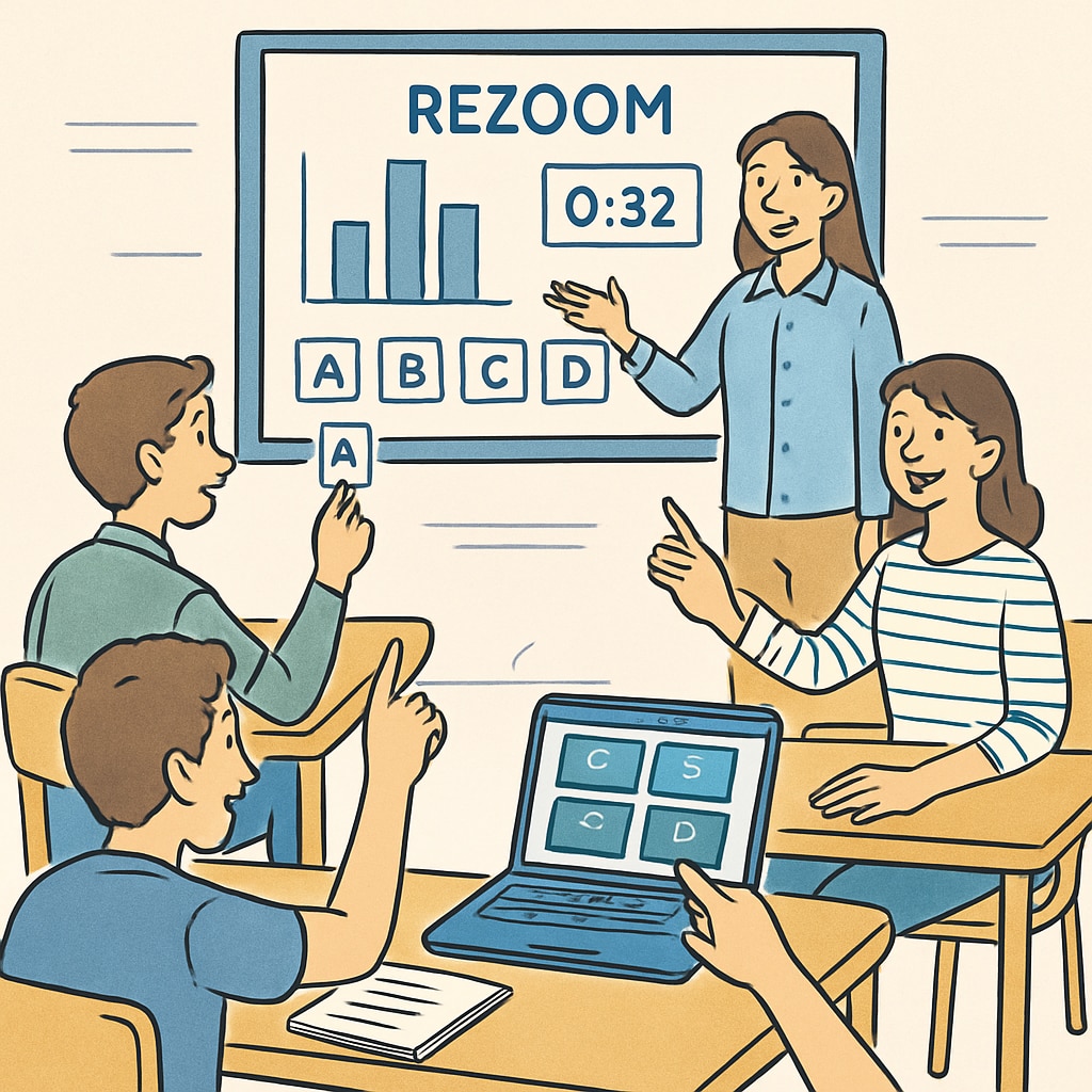 Students actively participating in a gamified learning session using REZoom, highlighting engagement and collaboration. Students engaging in a REZoom gamified learning session.