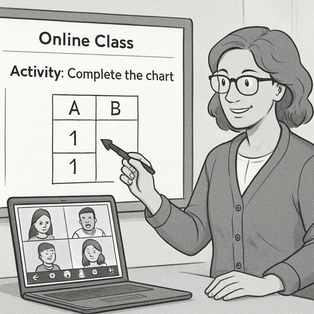 Digital classroom with a teacher conducting a Zoom/ReZoom activity using a shared screen.