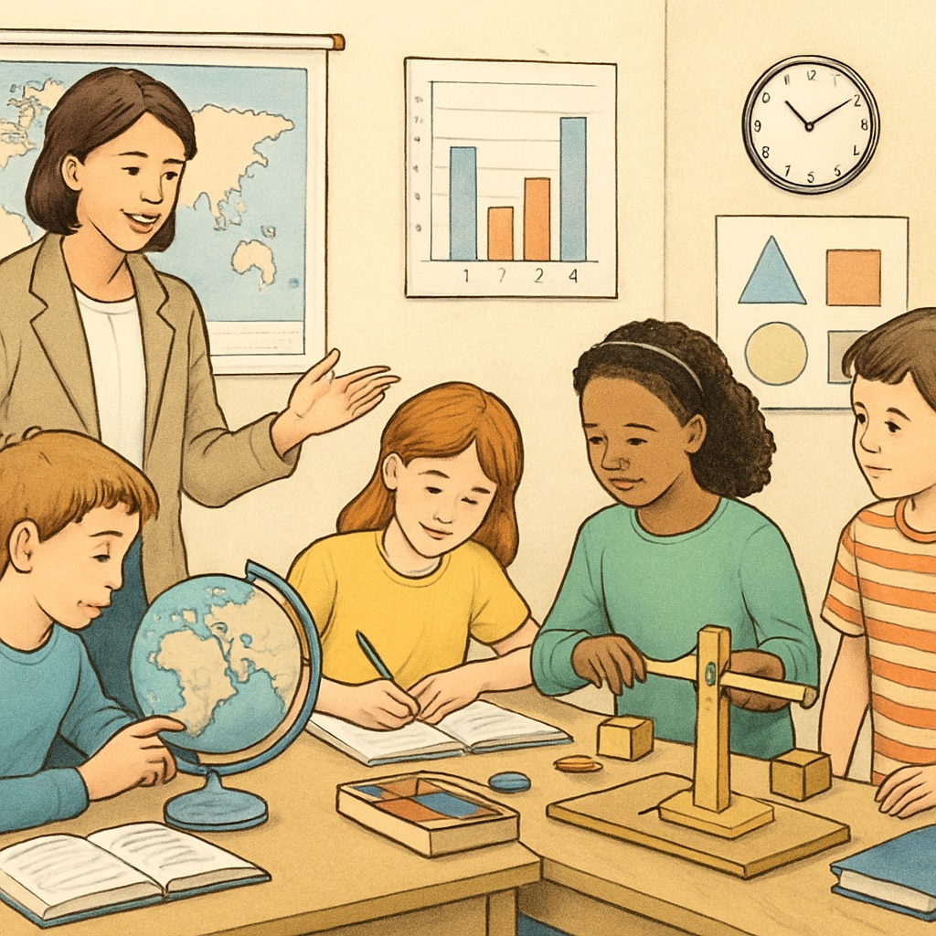 Teacher guiding students in a classroom setting to highlight learning methods.