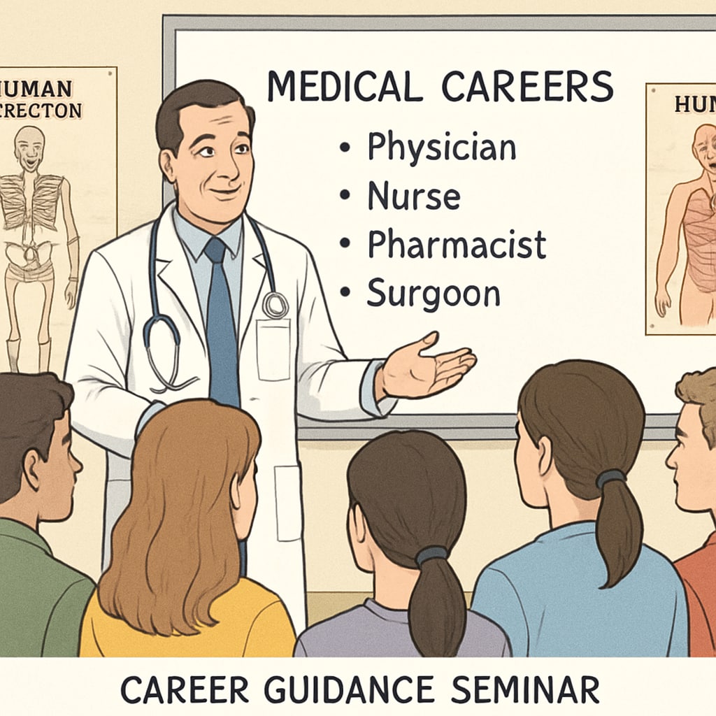 Students learning from a physician about career options in healthcare during a seminar.