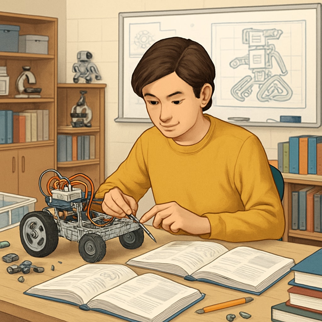 High school student working on robotics project for design engineering preparation