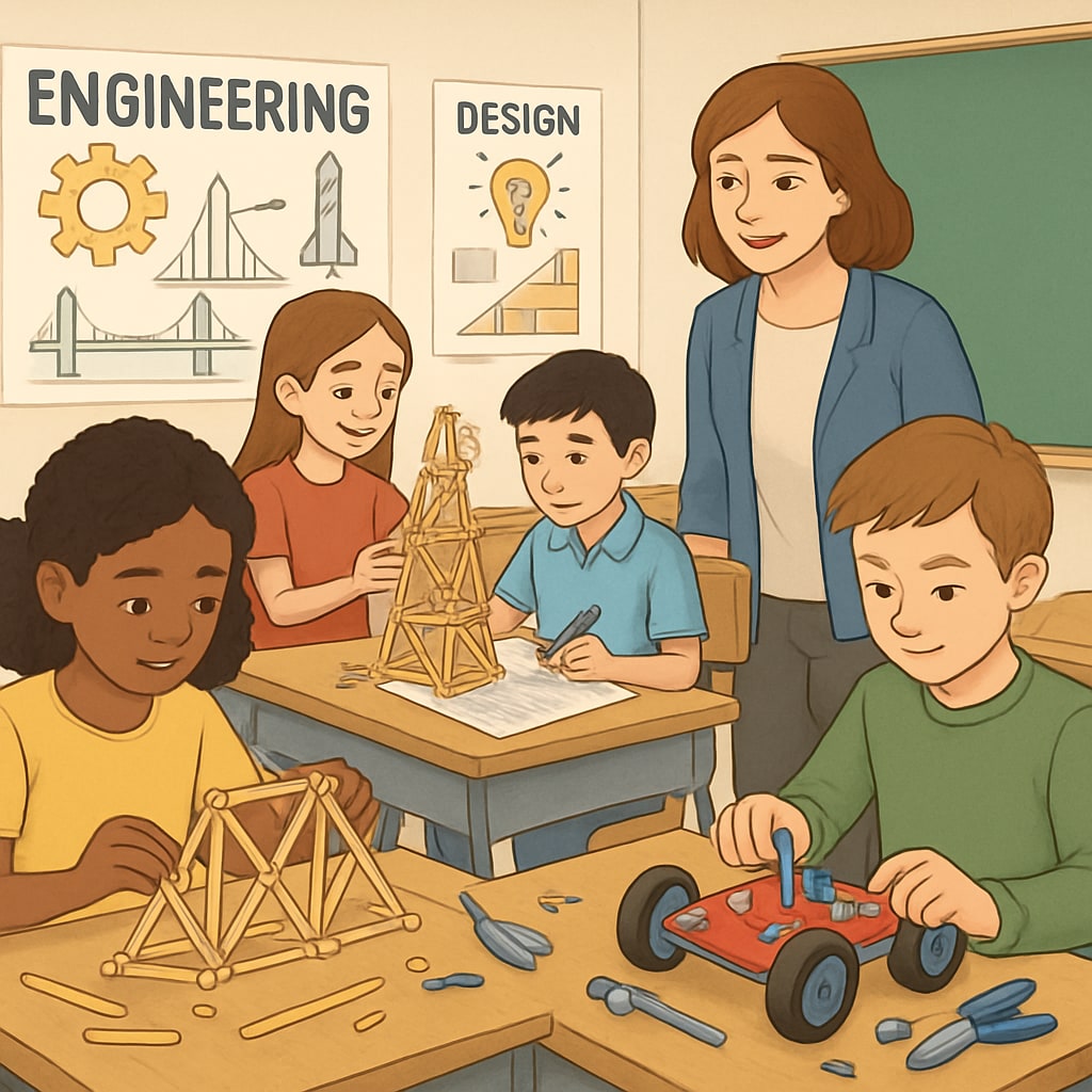 A classroom setting with students engaged in hands-on engineering activities, such as building models or prototypes. STEM students working on engineering design projects in a classroom setting.