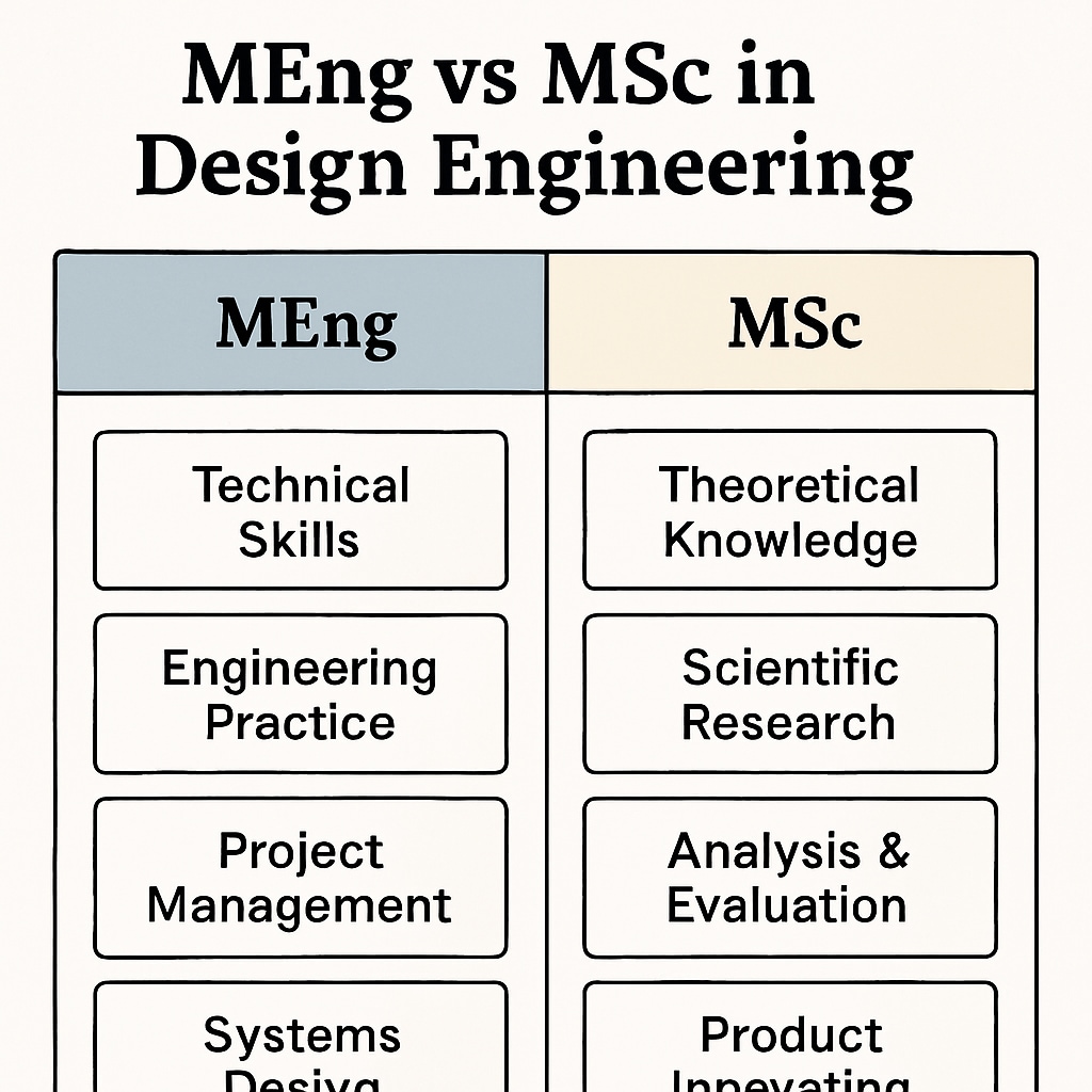 Comparison chart highlighting differences between MEng and MSc in design engineering