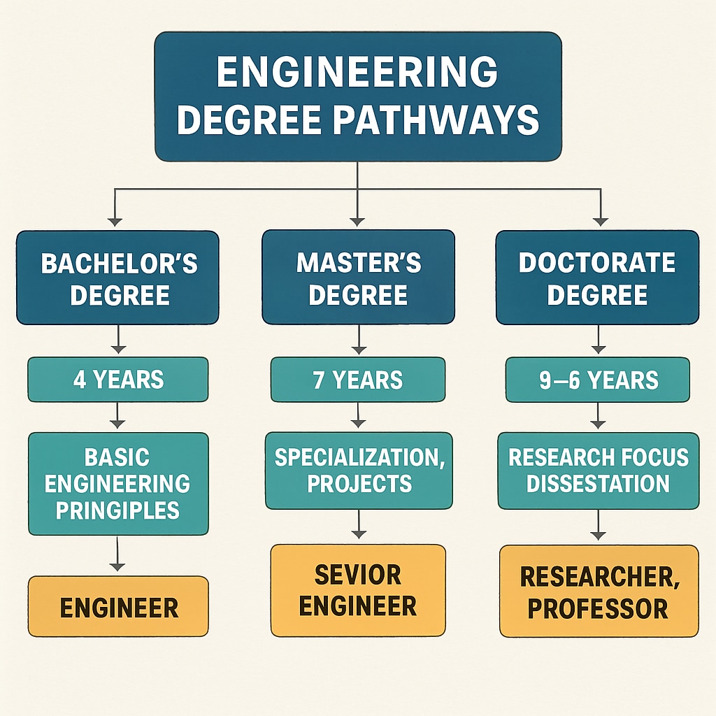 A flowchart illustrating various engineering degree pathways, highlighting their key features and career outcomes. Engineering degree pathways flowchart showing career options and educational routes.