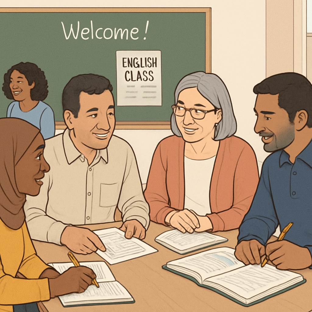 Adult immigrants in a classroom learning language and cultural adaptation strategies.