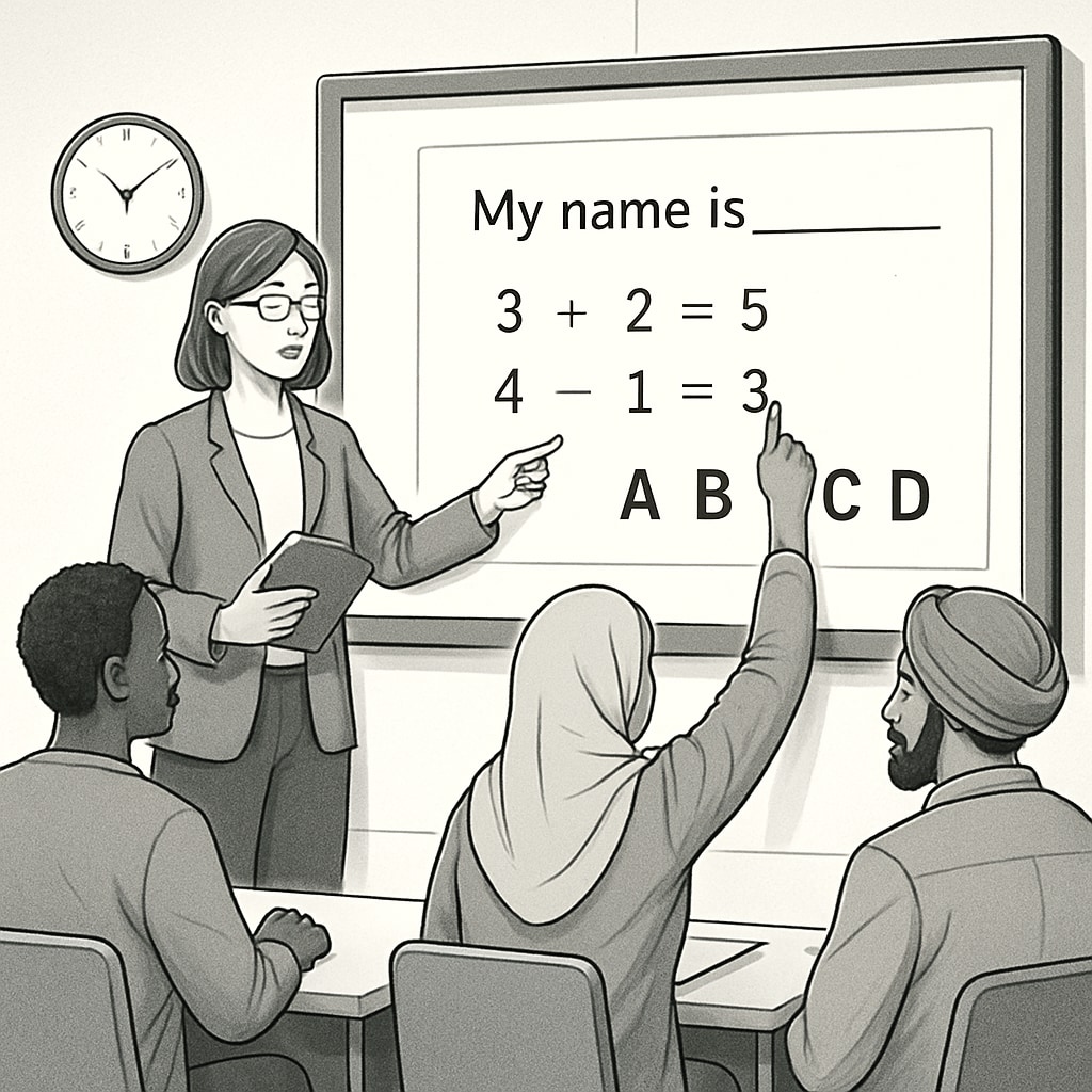 A teacher using technology to teach basic academic skills to adult immigrants.