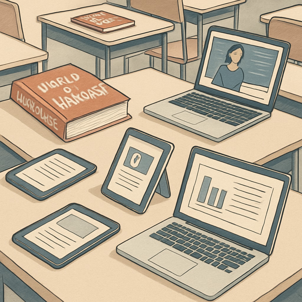 A modern classroom blending traditional textbooks with digital tools for language education.