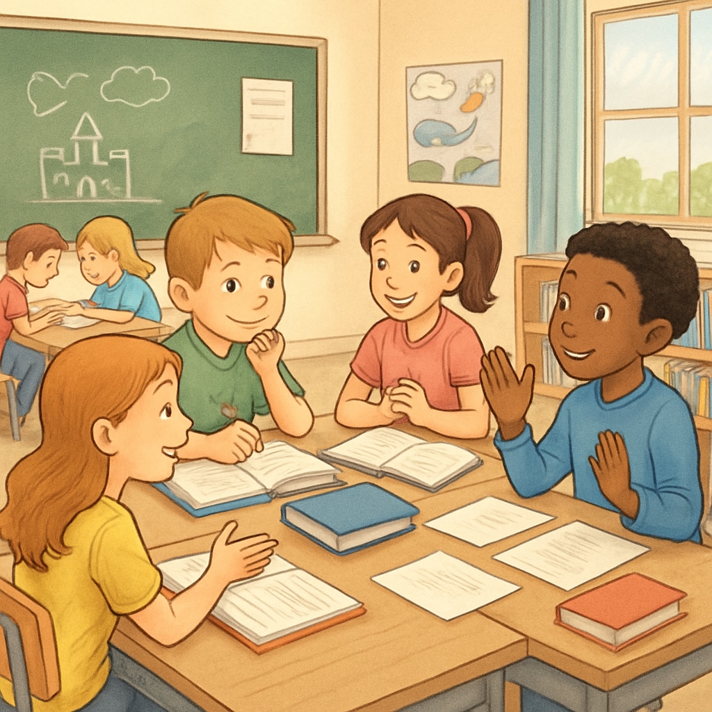 Classroom of students participating in creative storytelling exercises.