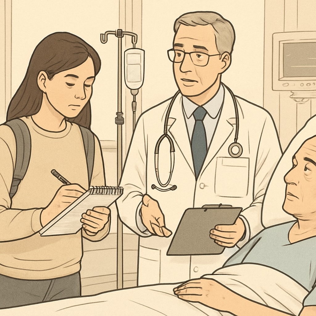 High school student observing a doctor during a shadowing program, learning about patient care.