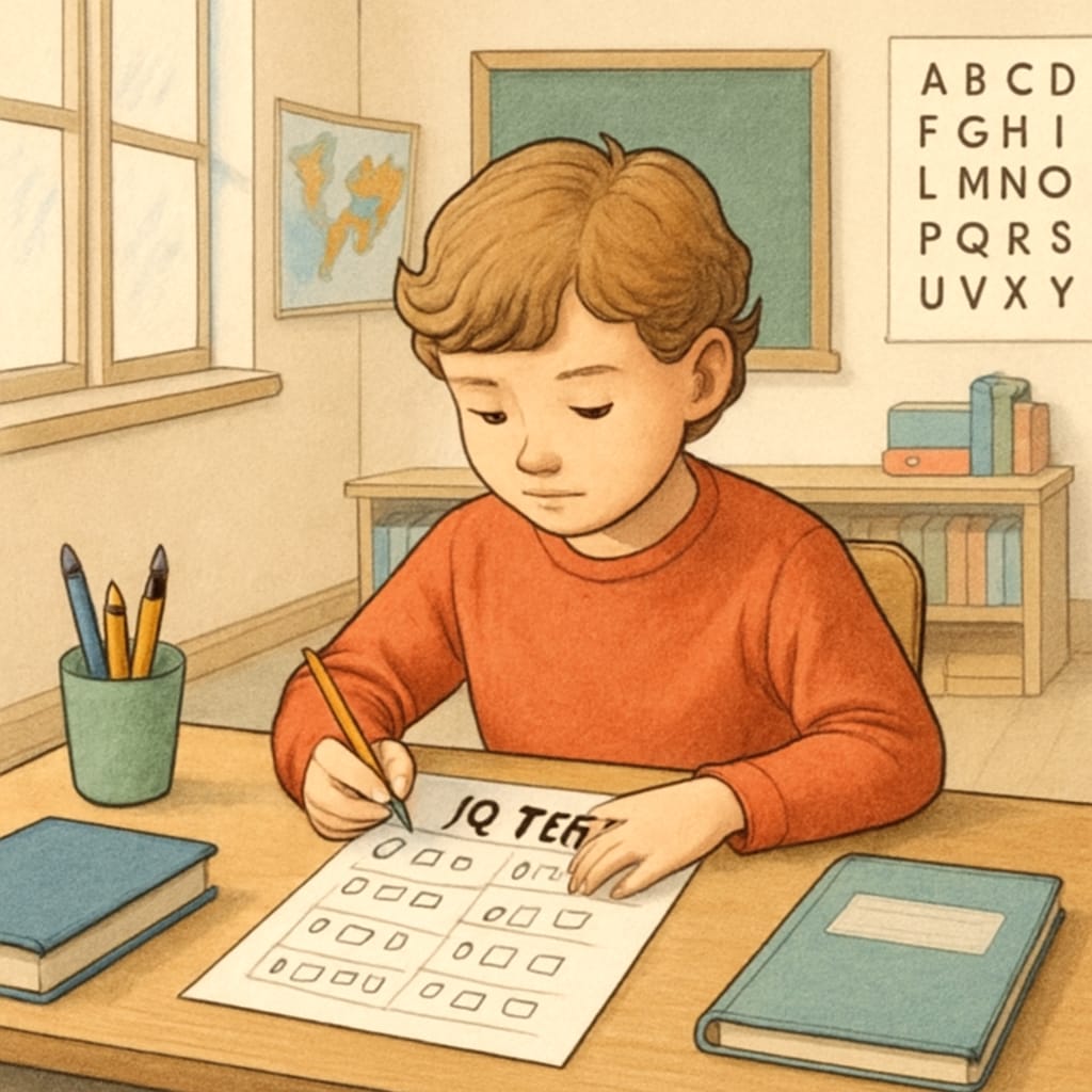 Gifted child taking an IQ test in a classroom, evaluating reasoning skills.