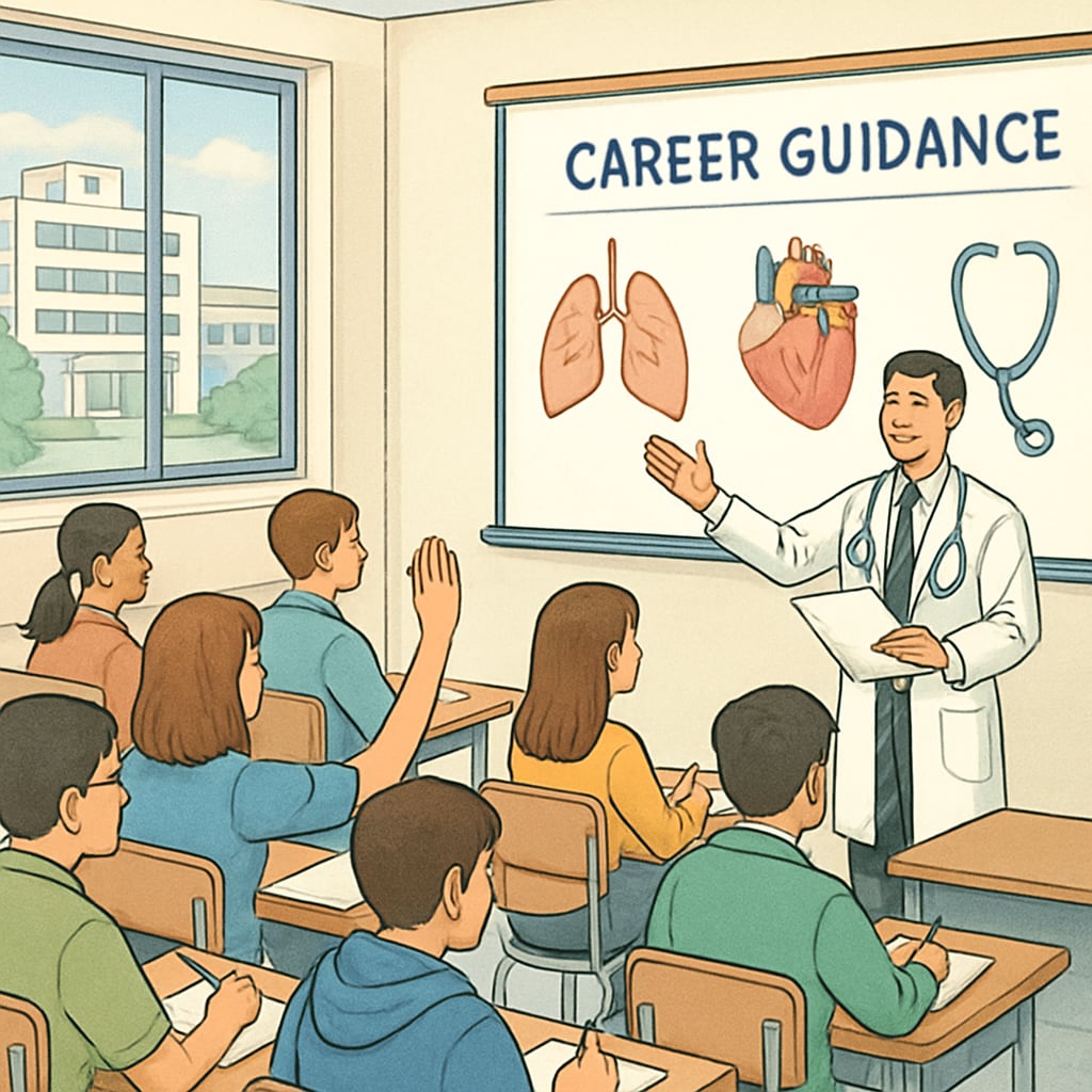 Doctor guiding students about medical career paths during a practical workshop.