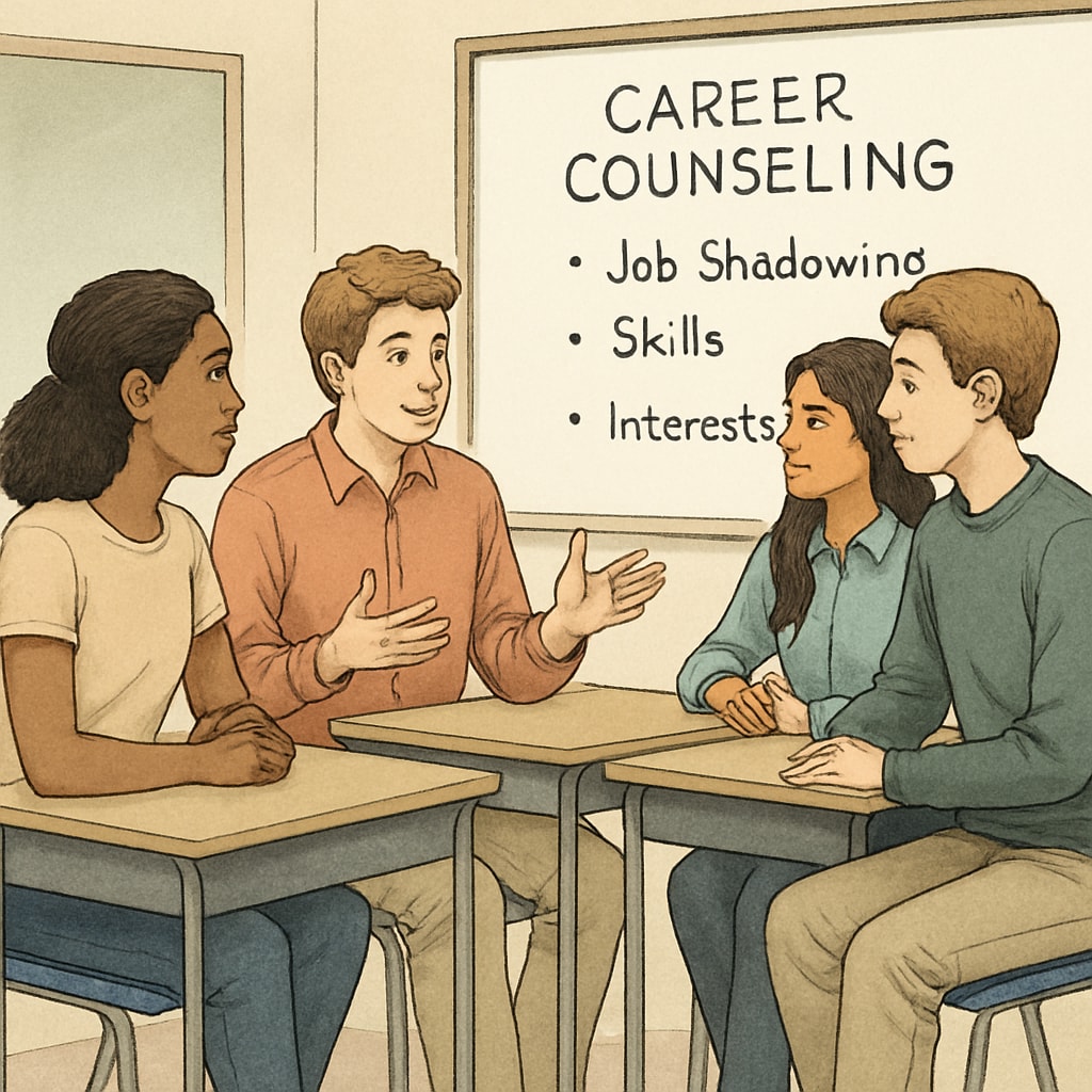 Students sharing insights from their doctor shadowing program during a career counseling activity.