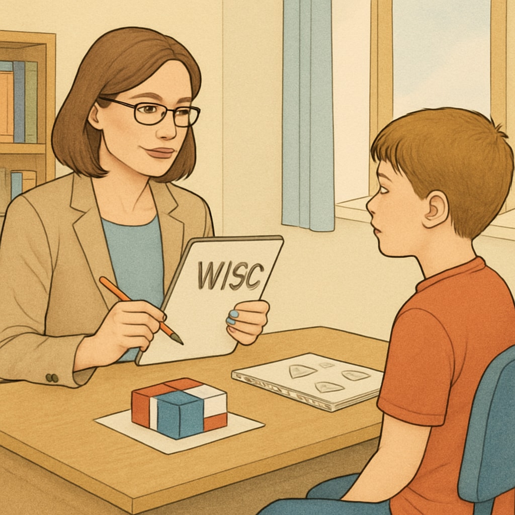 A psychologist conducting the WISC test for a school-aged gifted child.