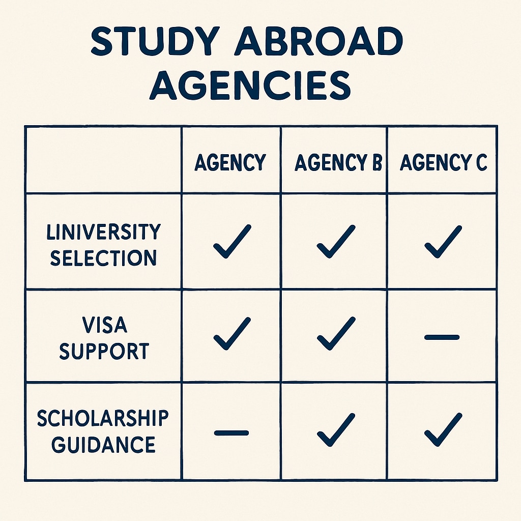A chart comparing services provided by study abroad agencies for US master’s applications.
