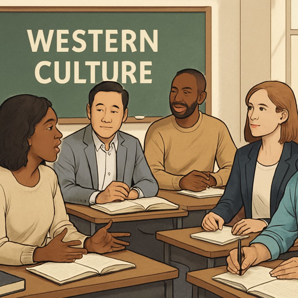 Adult learners in a New York classroom discussing cultural adaptation and Western knowledge.