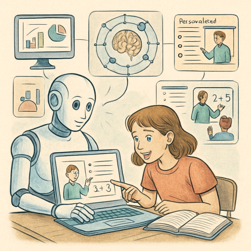 AI-powered adaptive learning software analyzing student data to tailor lesson plans for individual students and enhance engagement. AI-powered adaptive learning software analyzing student data
