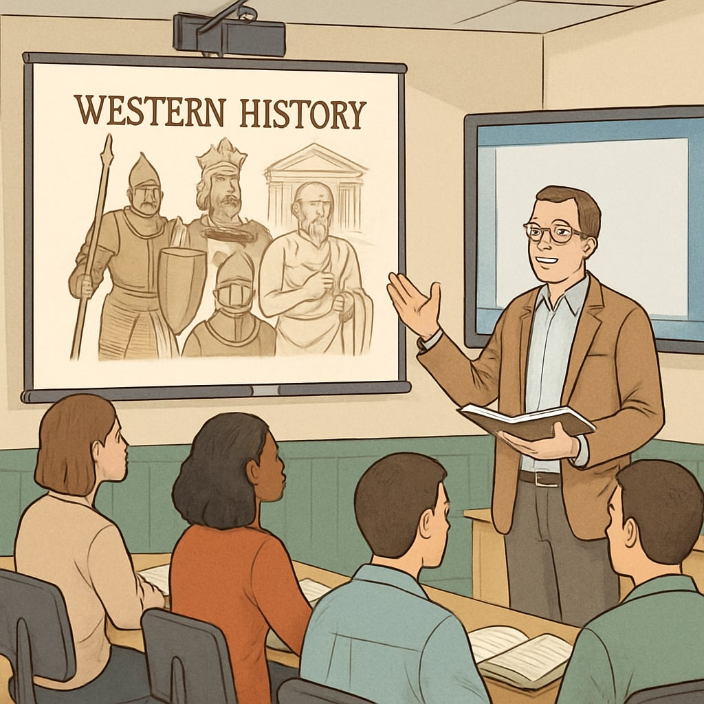 Instructor teaching Western history to adult learners using multimedia tools.