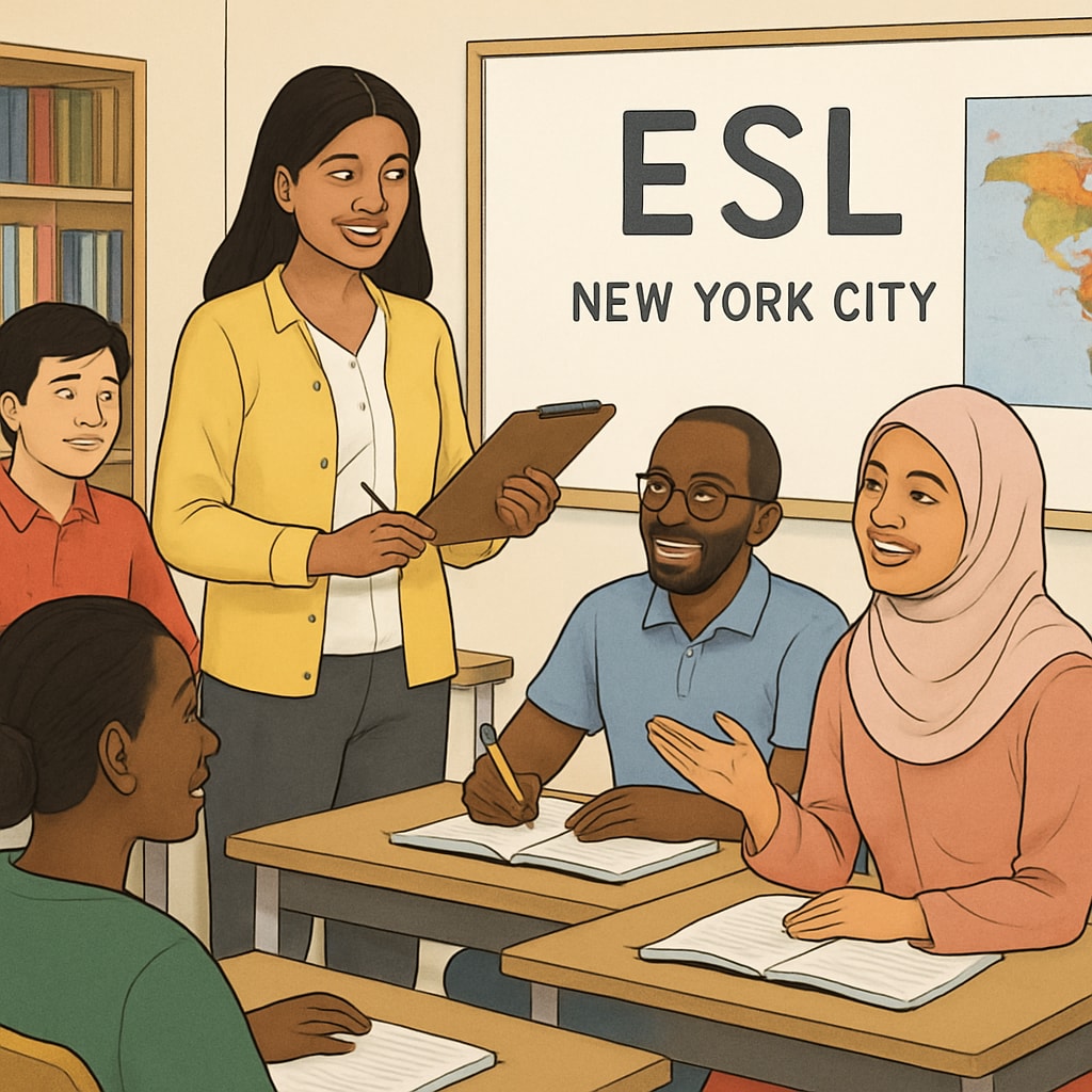 ESL class in New York City with immigrant adult learners improving English skills.