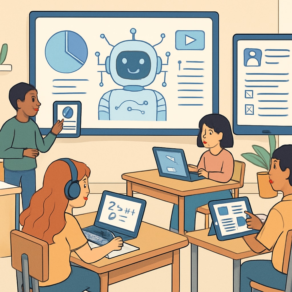 Virtual classroom powered by AI technology that fosters collaboration and personalized learning among students. Virtual classroom powered by AI technology enhancing student collaboration