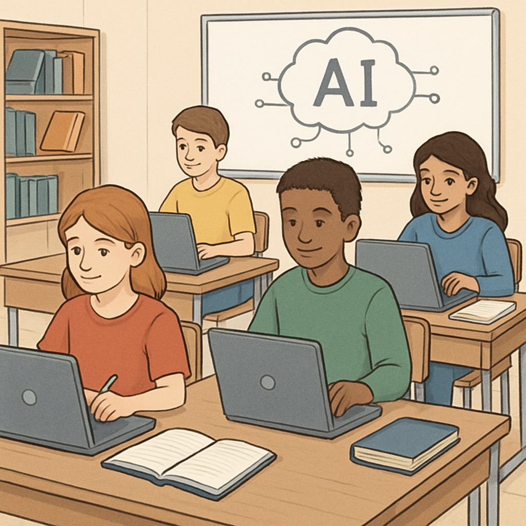 A classroom setting where students are using laptops and engaging with AI-based writing tools to enhance media literacy and critical thinking skills. Students using AI writing tools to improve media literacy and critical thinking.