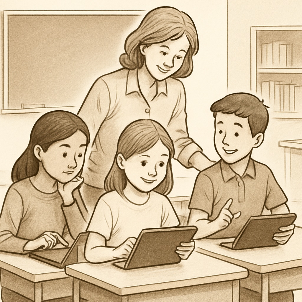 A teacher guiding students through role-based AI writing exercises on tablets, emphasizing collaborative and critical thinking skills. Teacher directing students in role-based AI exercises for media literacy.