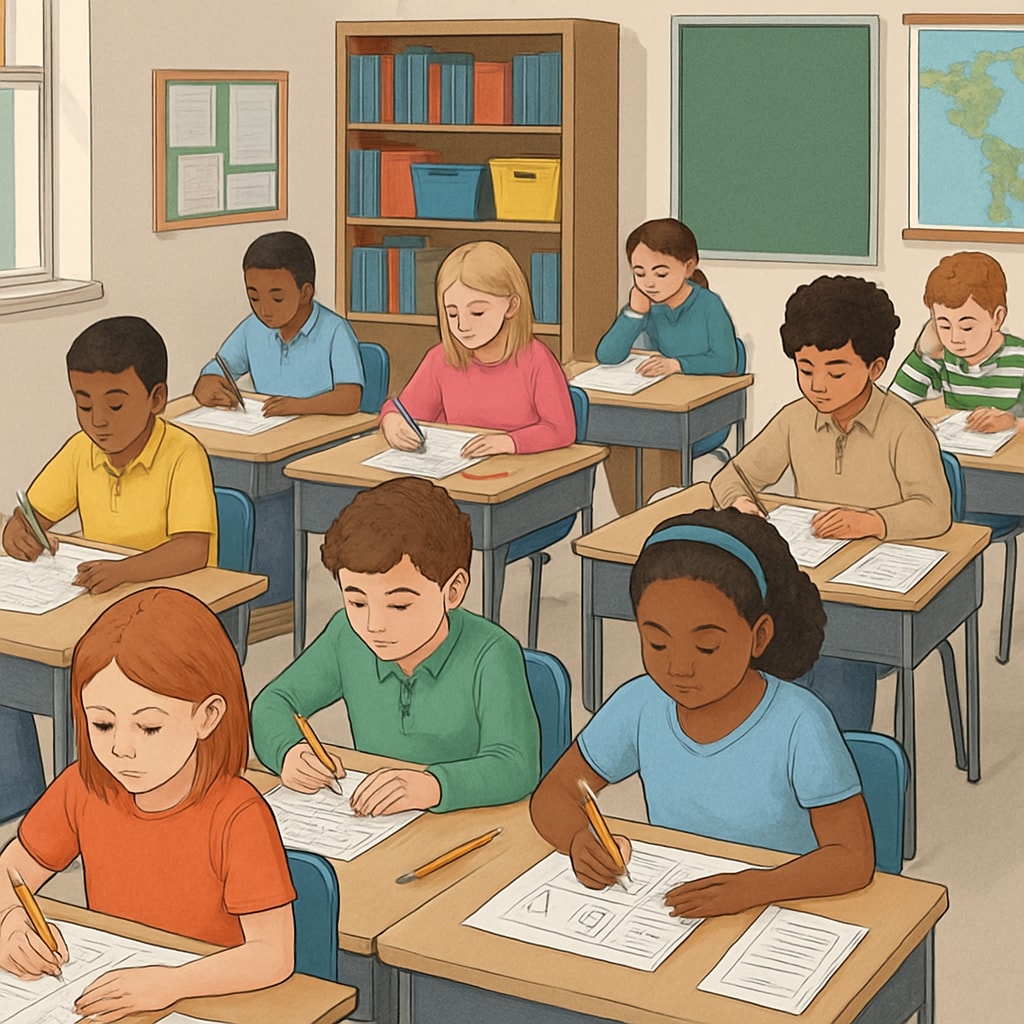 A standardized testing environment where children are being evaluated for cognitive abilities. Testing environment assessing children's cognitive abilities.