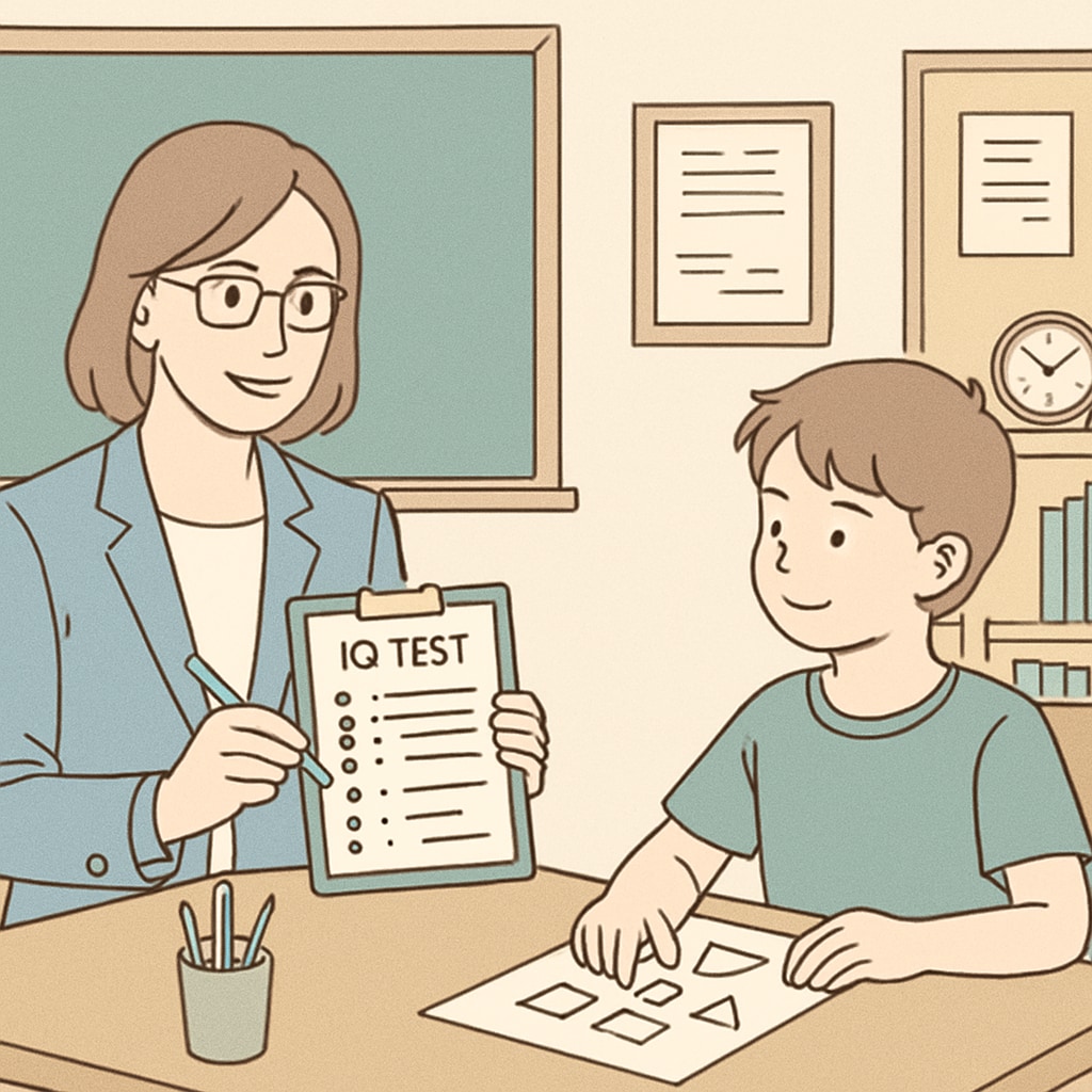 Psychologist conducting an IQ test for gifted children evaluation.