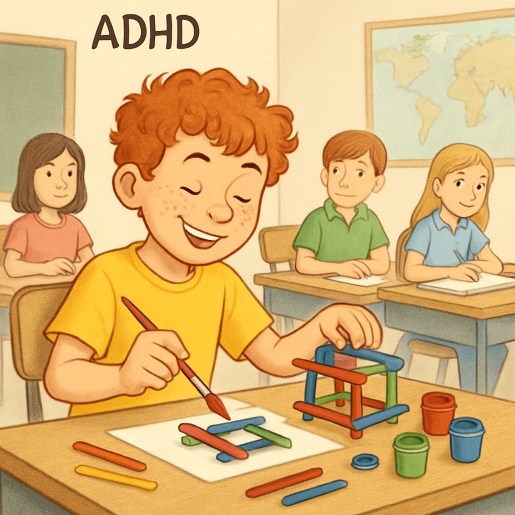 A classroom setting where a student with ADHD is engaged in a creative activity, showcasing their unique talents. ADHD student showcasing creativity in a classroom setting