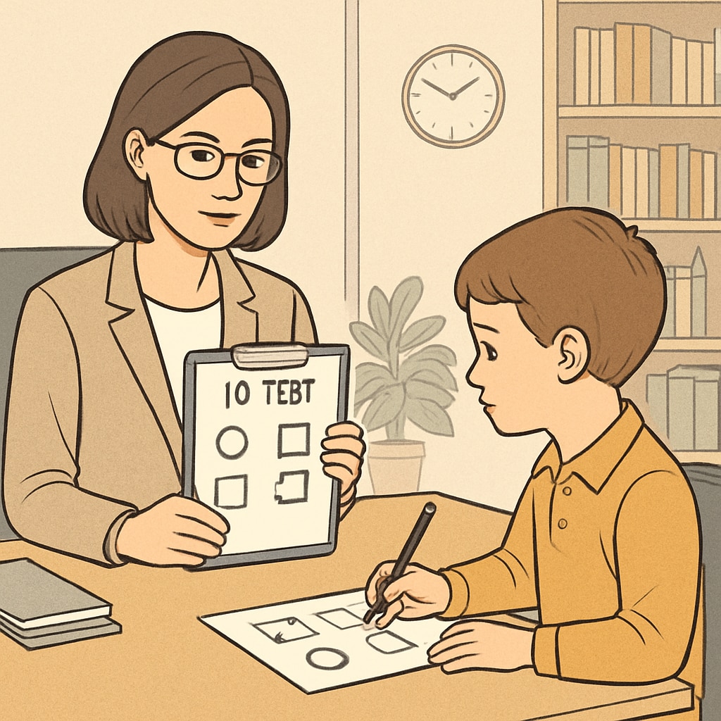 A psychologist administering an IQ test to a child in a well-lit office setting. A psychologist evaluating a child’s IQ in an office.