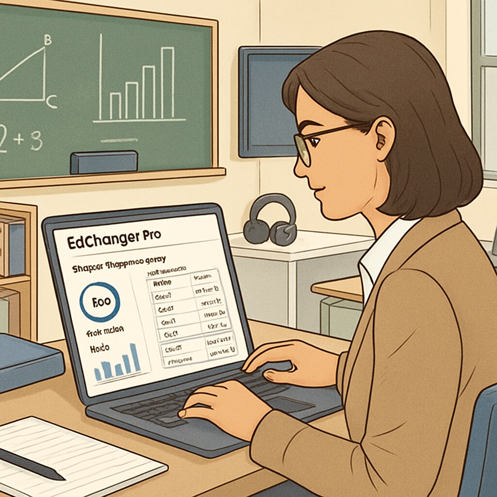 A teacher using EdChanger Pro’s dashboard to analyze student data in a modern classroom setting. Teacher analyzing student data using EdChanger Pro education application.