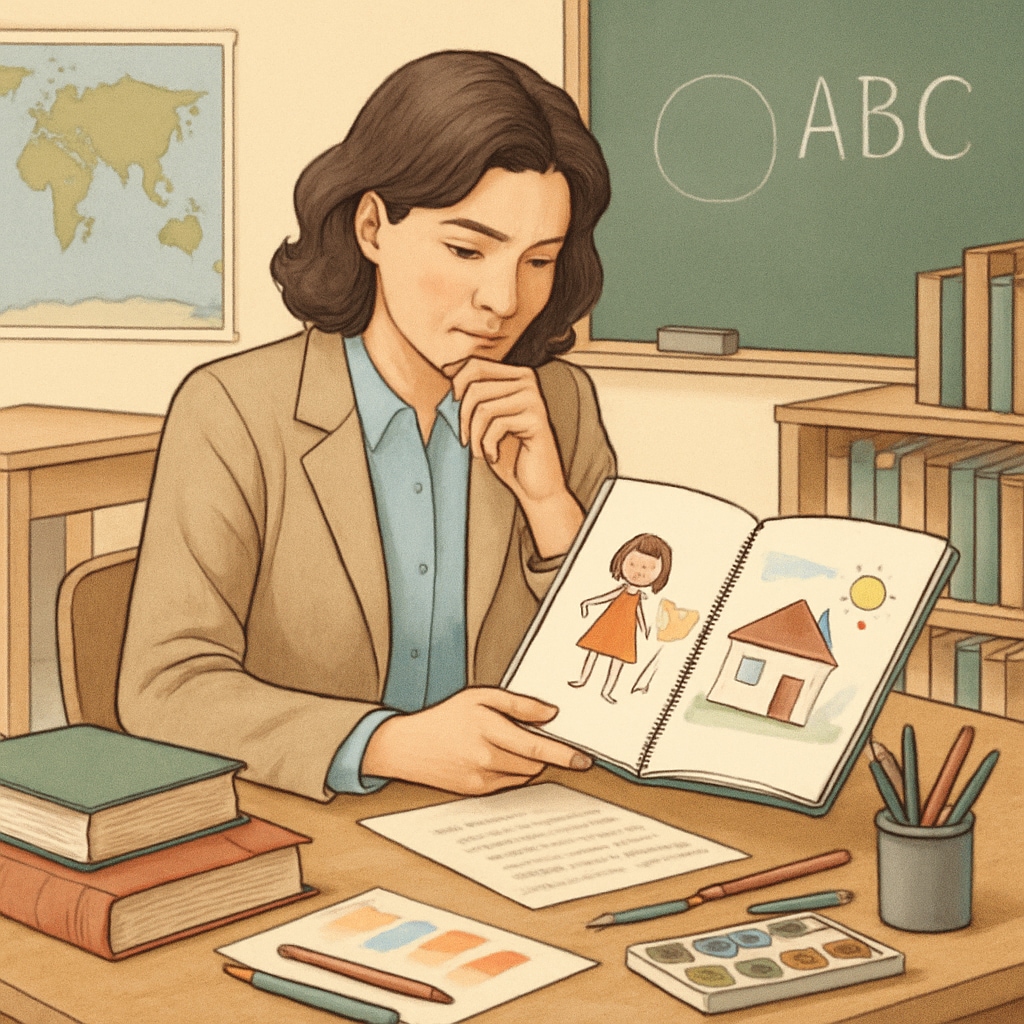 A teacher reviewing a student’s creative portfolio as part of a holistic gifted program evaluation. Teacher evaluating a creative portfolio for gifted program inclusion