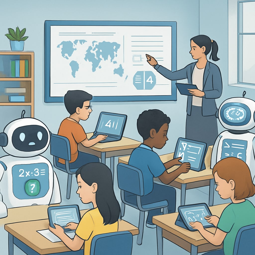 A futuristic classroom with AI-powered devices assisting students in personalized learning. The image depicts interactive screens and students actively engaging with technology. AI-powered classroom promoting personalized learning in K12 education.