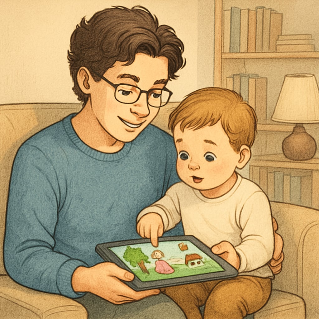 A young parent and child exploring a children's storybook app on a tablet in a cozy home environment. Parent and child using a children's storybook app on a tablet.