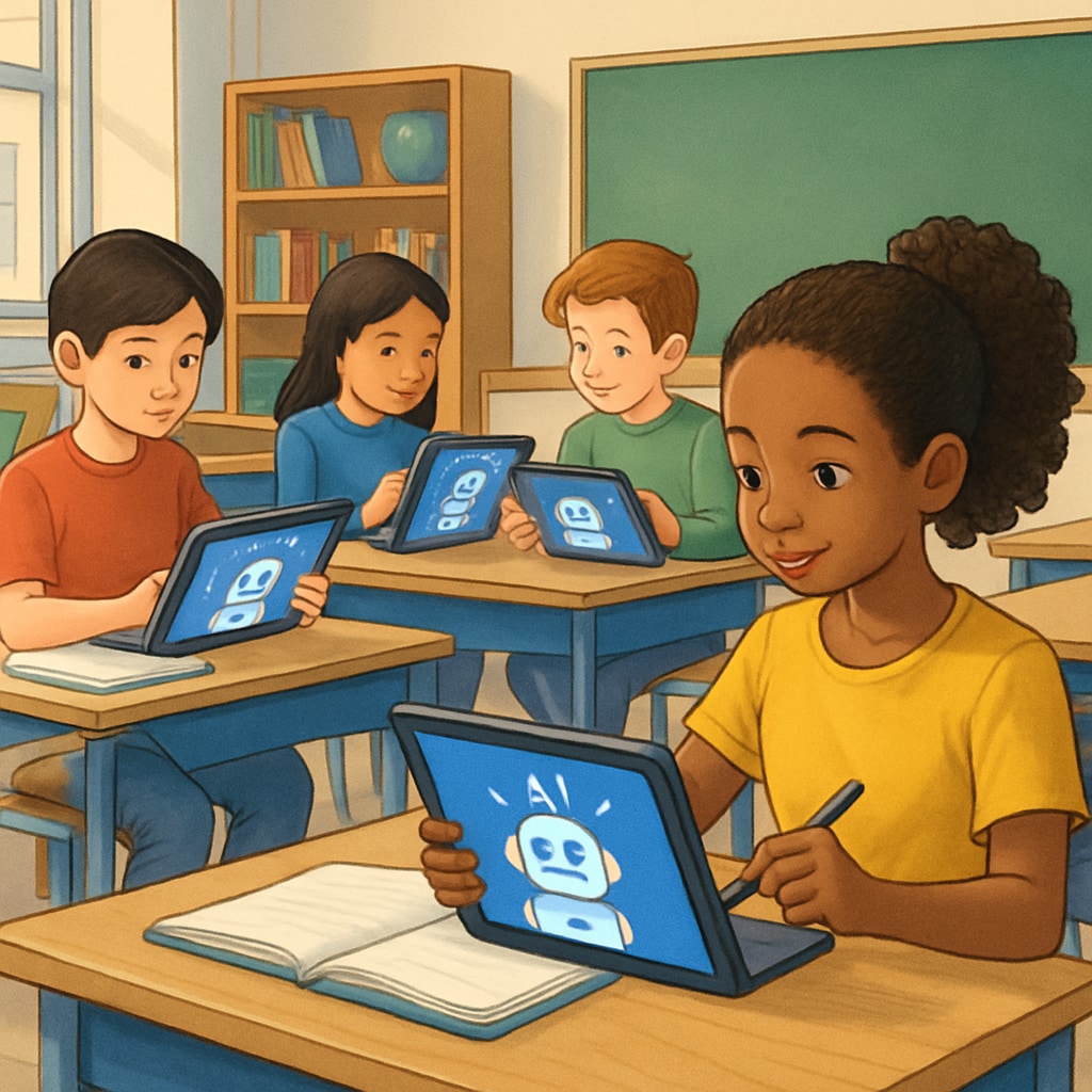 A classroom environment where students use AI-powered learning tools on tablets. Students in a classroom engaging with AI-powered educational tools on tablets.