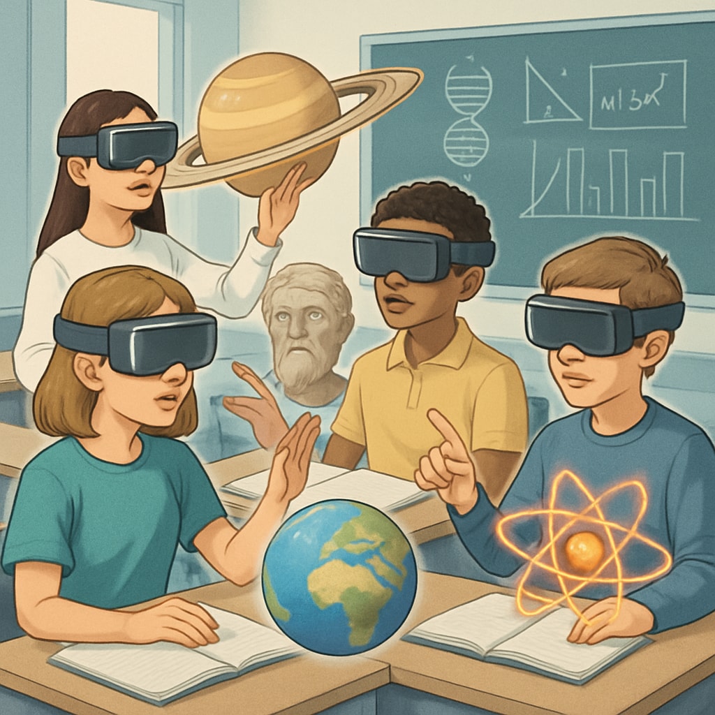Students engaging with augmented reality educational tools in a futuristic classroom. The image shows students wearing AR headsets and interacting with virtual objects related to their studies. Future classroom with augmented reality tools enhancing K12 education.