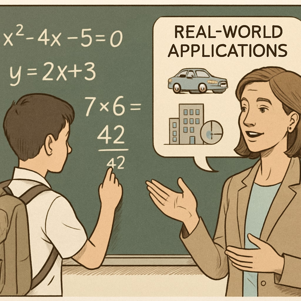 A student solving math problems on a chalkboard while a teacher explains the real-world relevance of mathematics. Student learning math with practical examples during a classroom session.