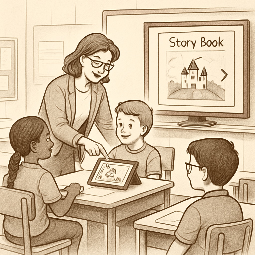 A teacher working with a group of students, showing them how to use a storybook app in a classroom setting. Teacher teaching students how to use a children's storybook app.
