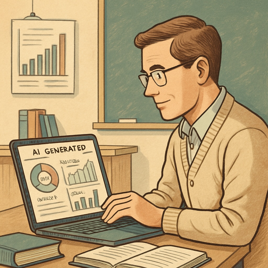 A teacher reviewing AI-generated student performance analytics on a laptop. Teacher analyzing AI-generated data on student performance trends.