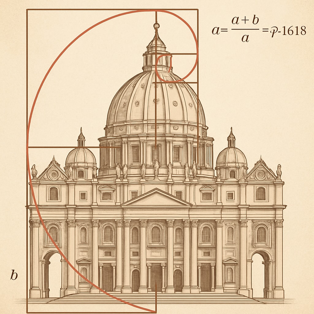 A visual representation of the golden ratio applied to an architectural masterpiece, illustrating its mathematical beauty. Golden ratio in architecture demonstrating math's connection to art and design.
