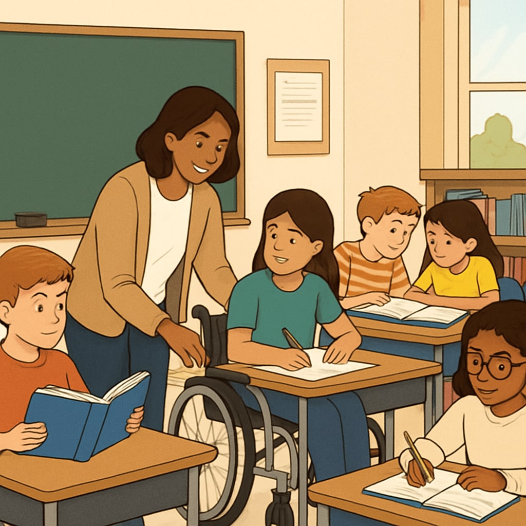 A classroom setting where a teacher assists students with different learning styles, illustrating inclusive education practices. ADHD students and inclusive education practices in gifted programs