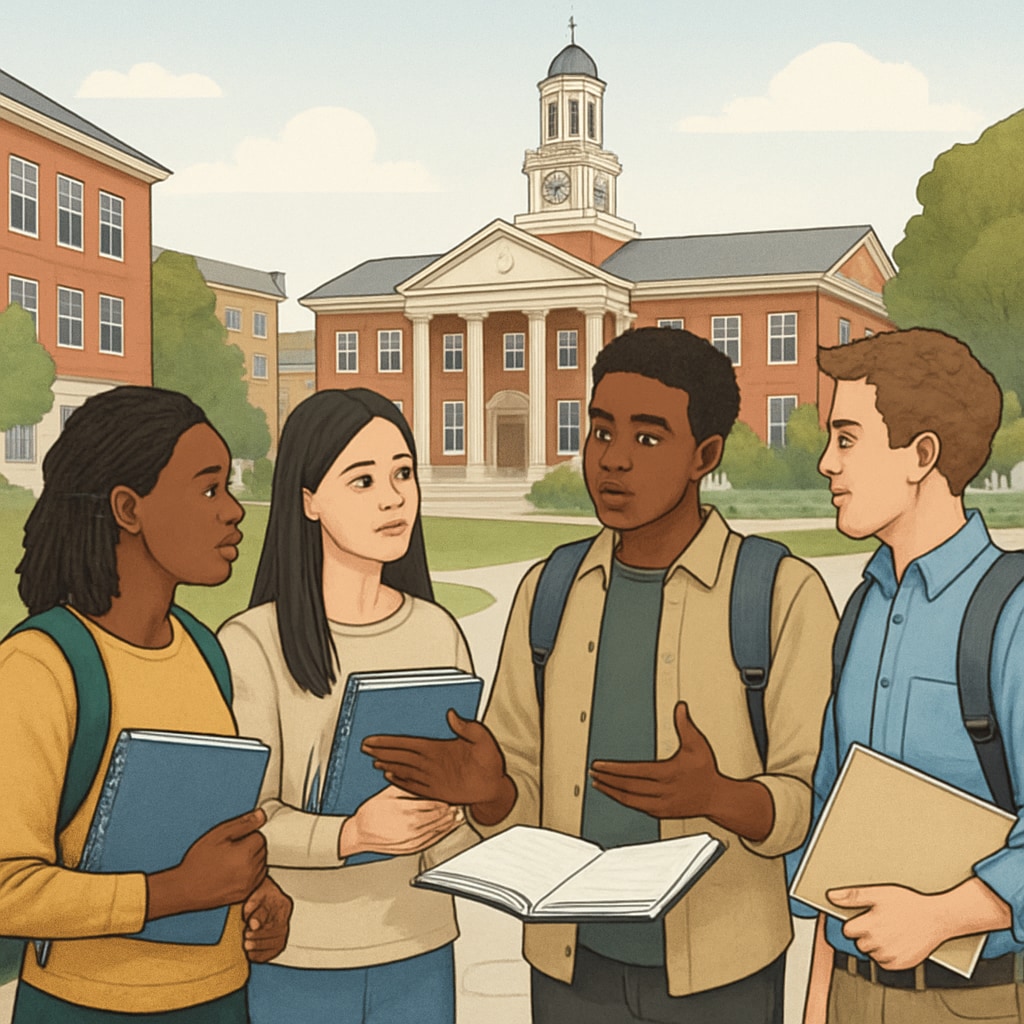 A group of diverse students discussing academic plans at a university campus in the U.S. Diverse students exploring U.S. master’s application strategies on a university campus