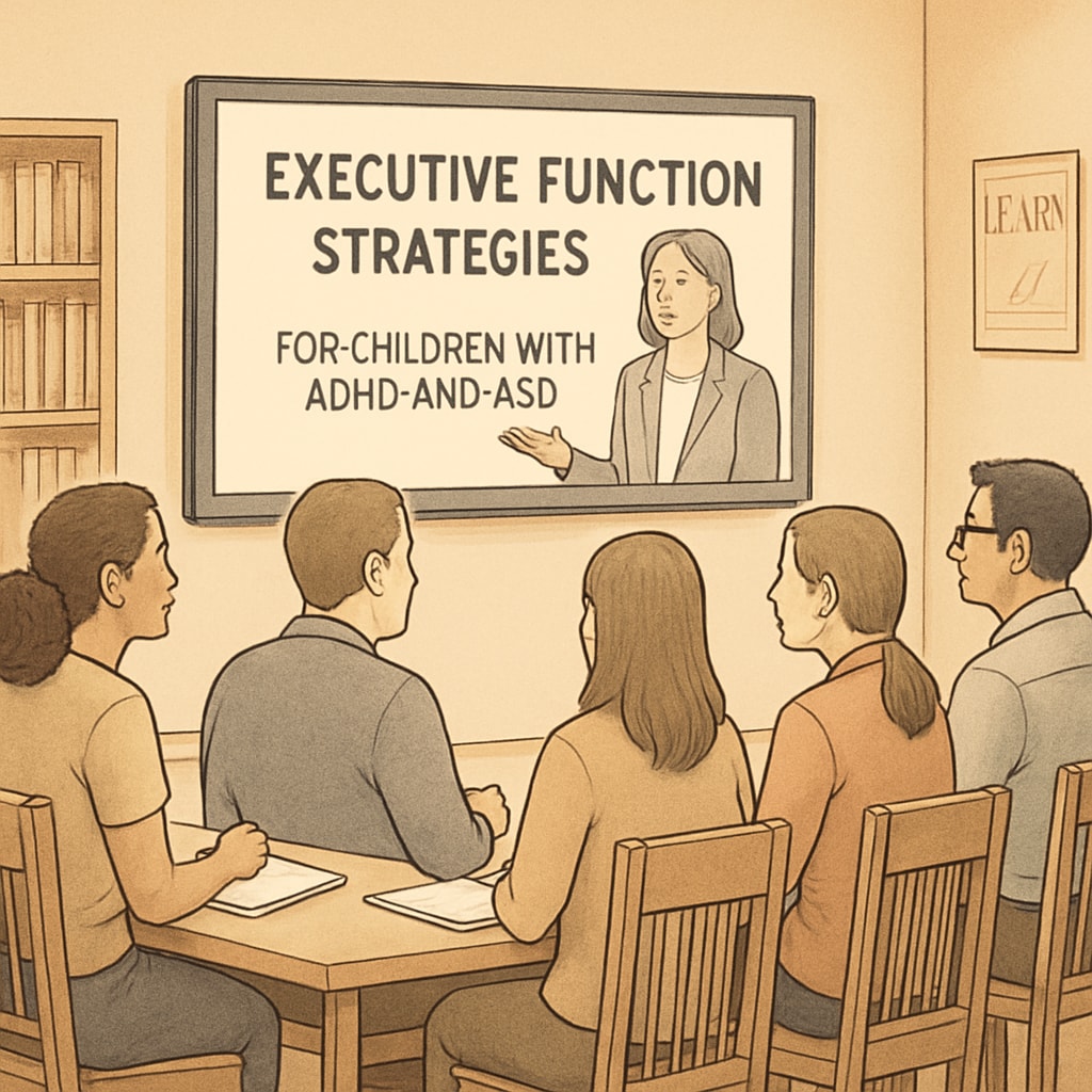 A group of parents attentively watching an online presentation about executive function strategies for children with ADHD and ASD. Parents learning executive function strategies for ADHD and ASD through an online summit.