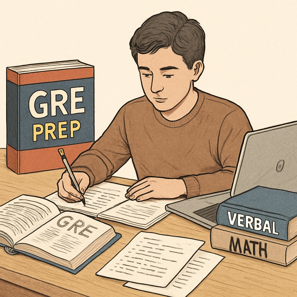 A student reviewing test preparation materials for the GRE exam Student preparing for GRE as part of U.S. master’s application process
