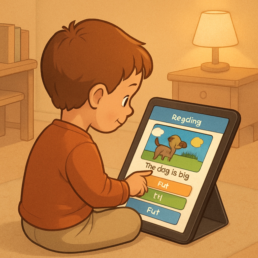 A child engaging with a tablet reading app in a cozy environment, showcasing the interactive features of the app. Child using a digital reading app for interactive learning on Android.