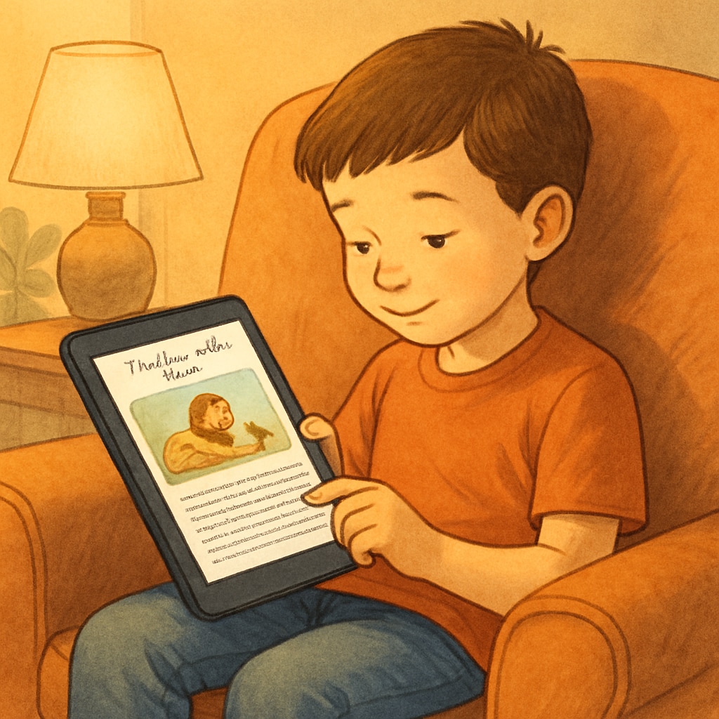A colorful illustration of a child reading a digital storybook on an Android tablet in a cozy setting. A child reading a digital storybook on an Android app, representing the future of children’s reading experiences.