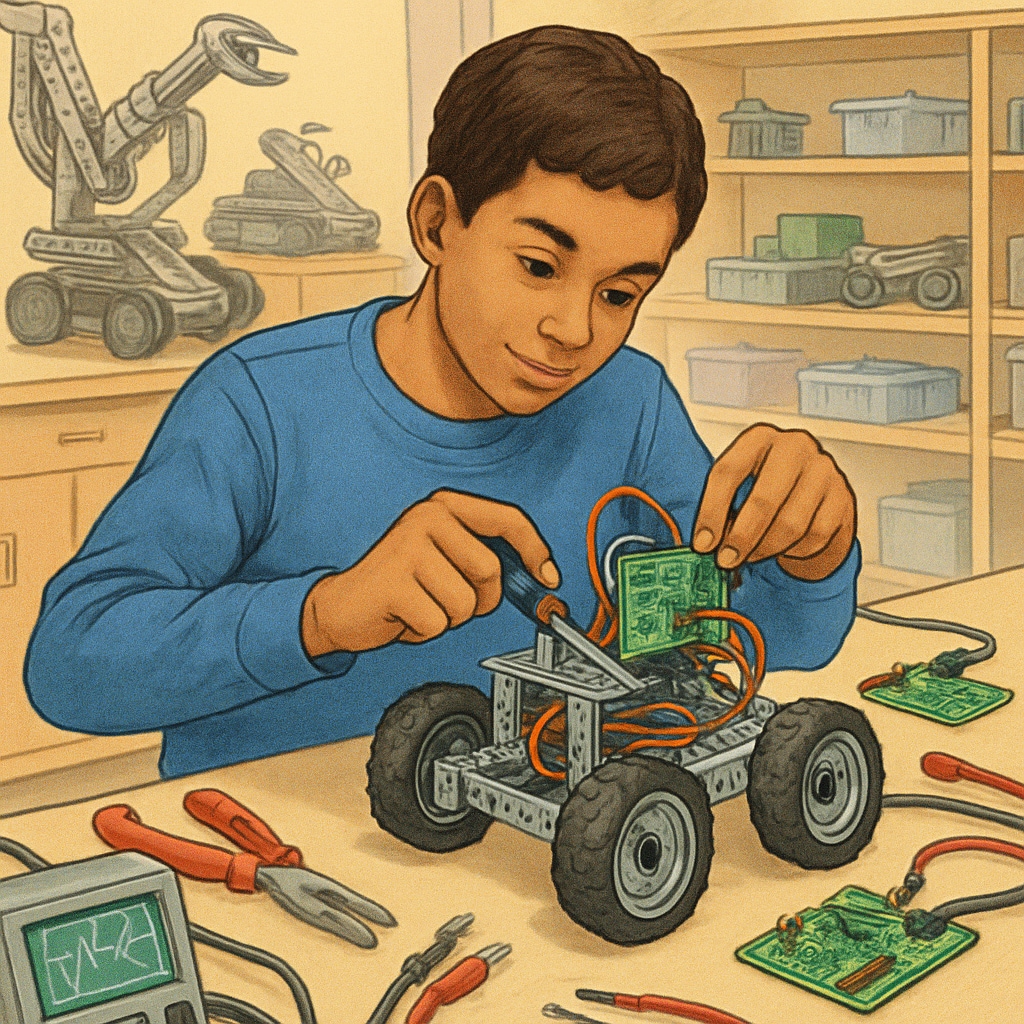 A high school student working in a robotics lab, representing hands-on CTE learning. High school student in robotics lab engaging in Career and Technical Education.