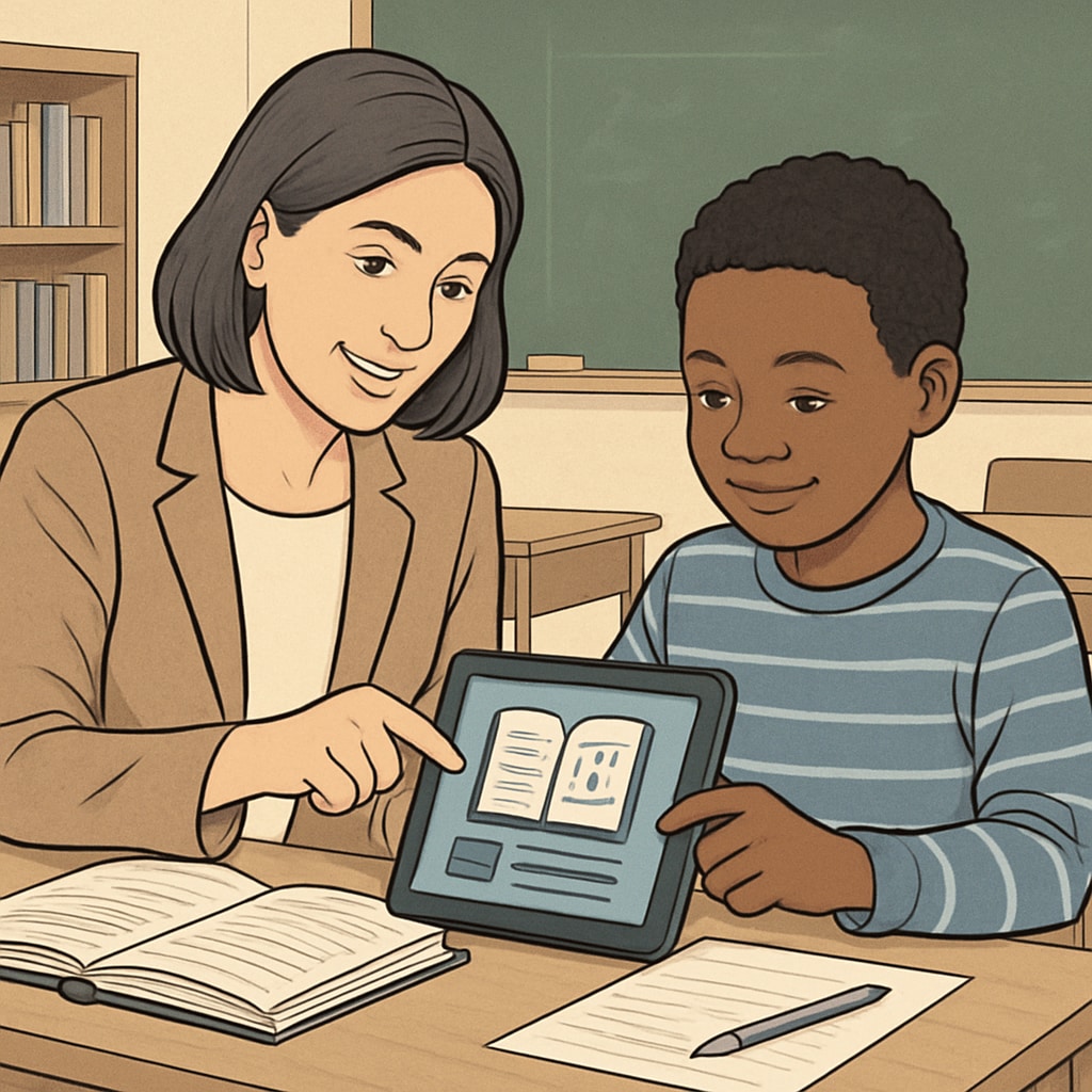 A teacher and student exploring a digital reading app together in a classroom setting, highlighting its educational uses. Teacher and student using a children's reading app in a classroom on Android.